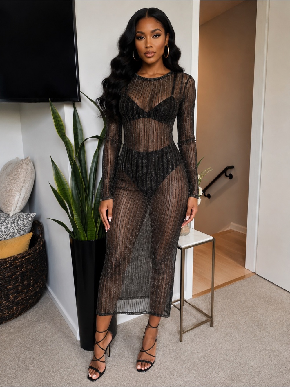 Sheer Shimmer Knit Maxi Dress in Black